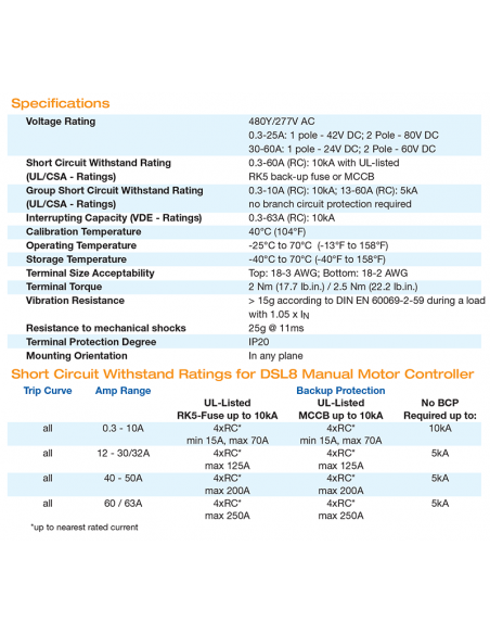 1E20UM - DLS8 - UL508 Listed Manual Motor Controllers “Suitable as Motor Disconnect”