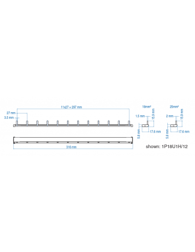 1P18U1H/17 - UL 508 & UL 1077 - 1 PHASE BUSBAR - 1/2 pole spacing