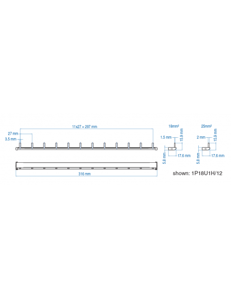 1P18U1H/23 - UL 508 & UL 1077 - 1 PHASE BUSBAR - 1/2 pole spacing