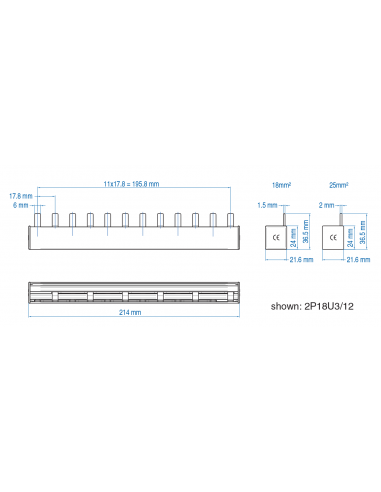 2P18U3/38 - UL 508 & UL 1077 - 2 PHASE BUSBAR - standard spacing