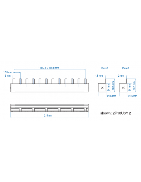 2P25U3/54 - UL 508 & UL 1077 - 2 PHASE BUSBAR - standard spacing