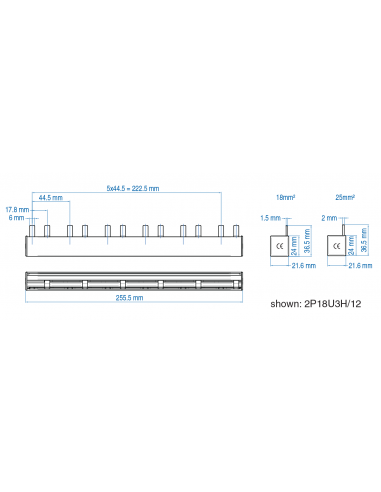 2P18U3H/8 - UL 508 & UL 1077 - 2 PHASE BUSBAR - 1/2 pole spacing