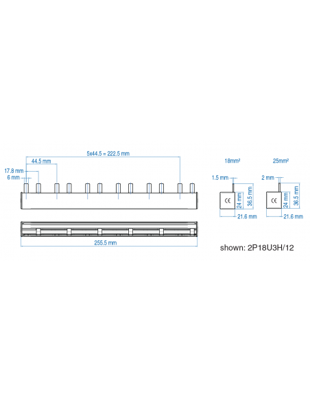 2P18U3H/24 - UL 508 & UL 1077 - 2 PHASE BUSBAR - 1/2 pole spacing