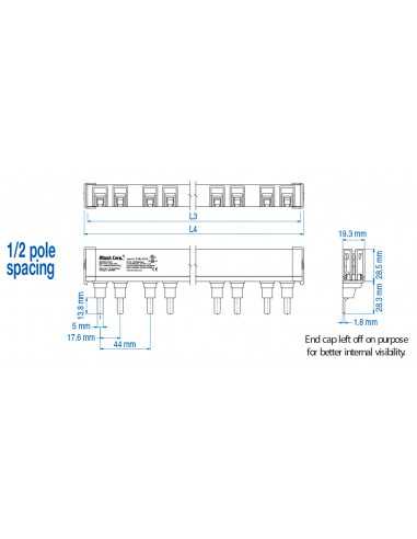 2P25ULC3H/48 - UL 489 - 2 PHASE CUTTABLE BUSBAR - auxiliary spacing