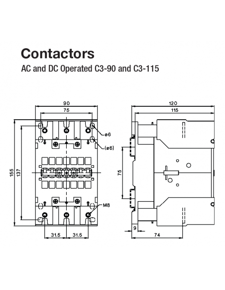 A16PC3-90A00-230V PC Series Contactors - 115A Frame (1 Phase, 3 Phase)
