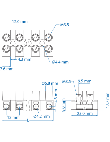 40.407 Terminal Strip, Panel Mount, ATS6/2, 7 Pole, 12mm spacing, 300V, 40A