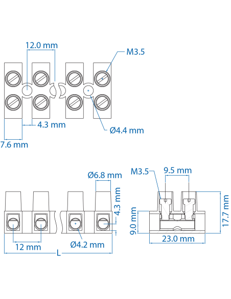 40.407 Terminal Strip, Panel Mount, ATS6/2, 7 Pole, 12mm spacing, 300V, 40A